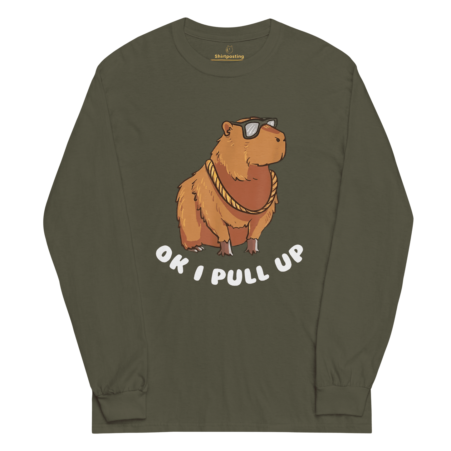 Capybara Long Sleeve T-Shirt Meme - Military Green | Shirtposting