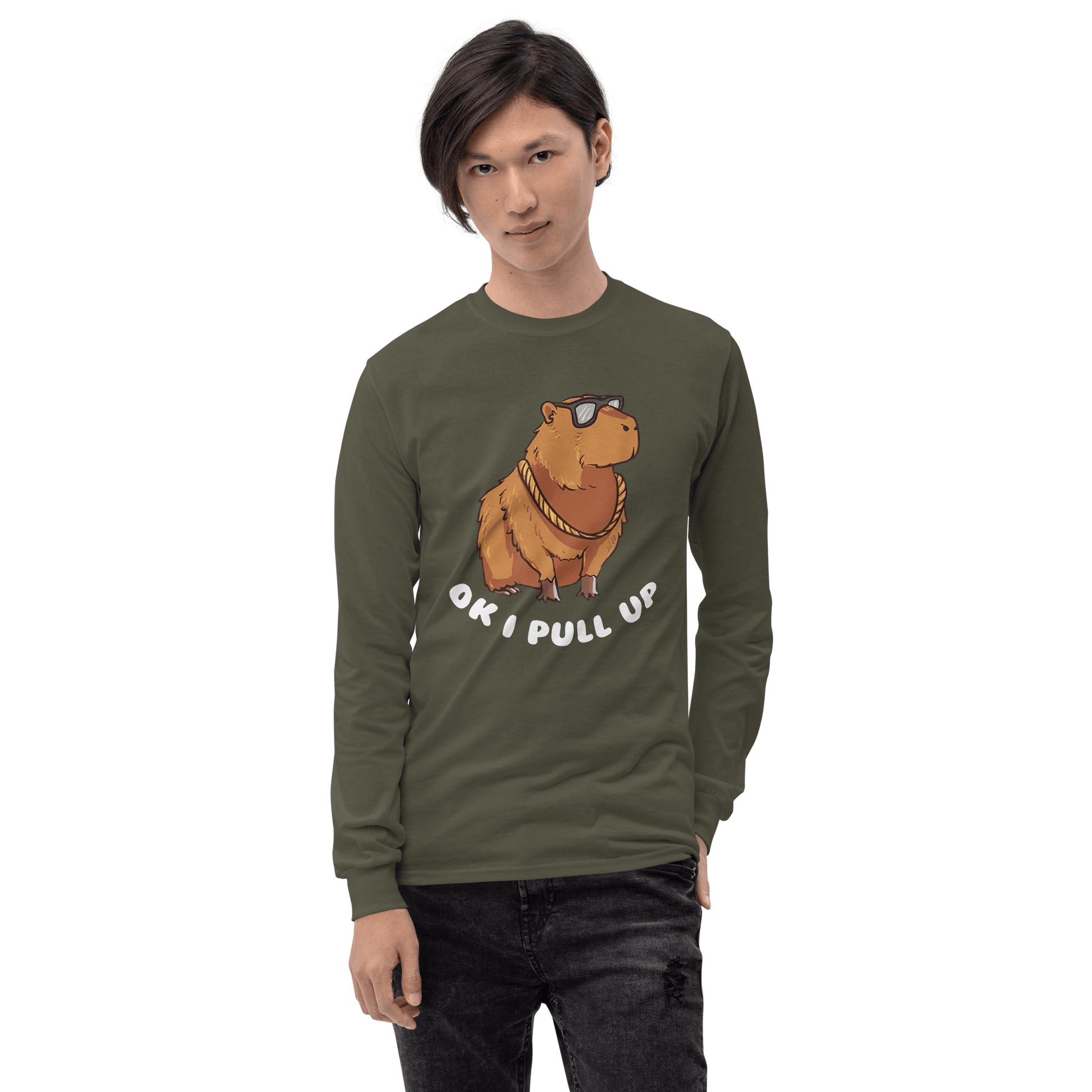 Capybara Long Sleeve T-Shirt Meme - Military Green | Shirtposting