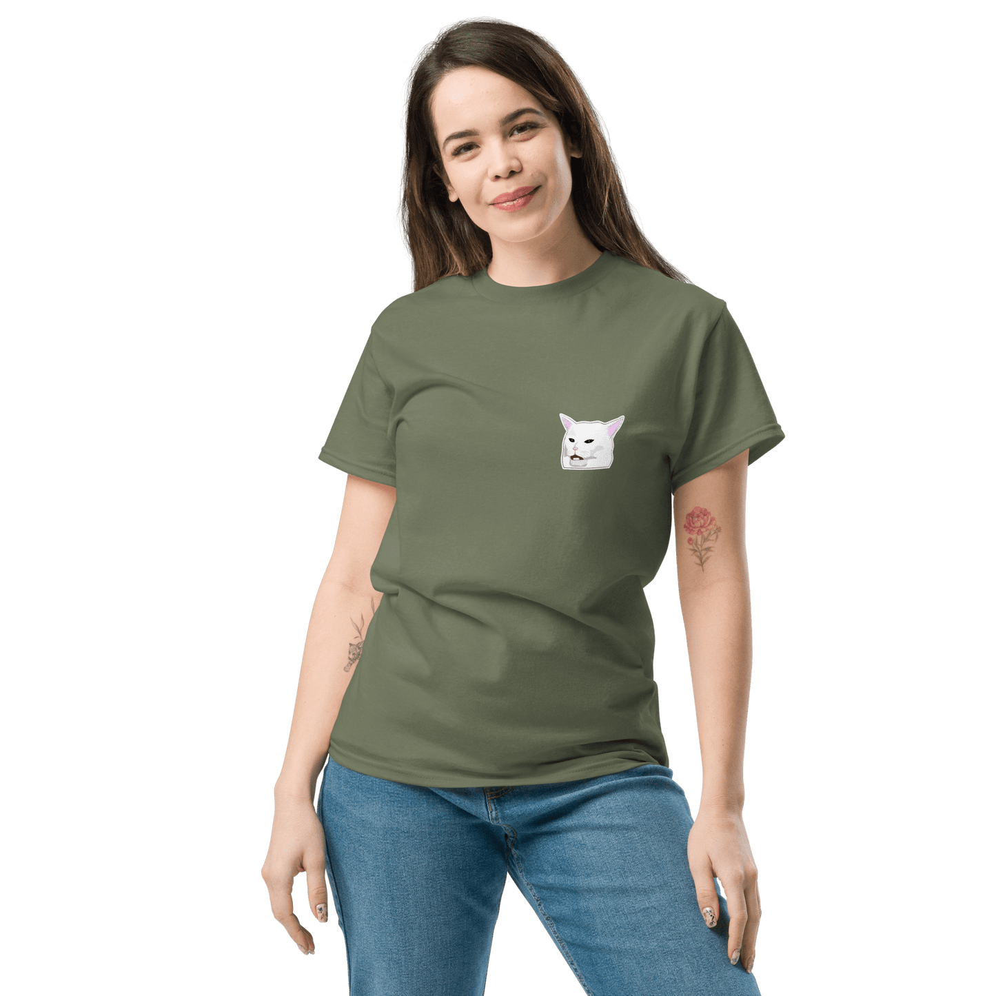 Cat Classic T-Shirt Meme - Military Green | Shirtposting