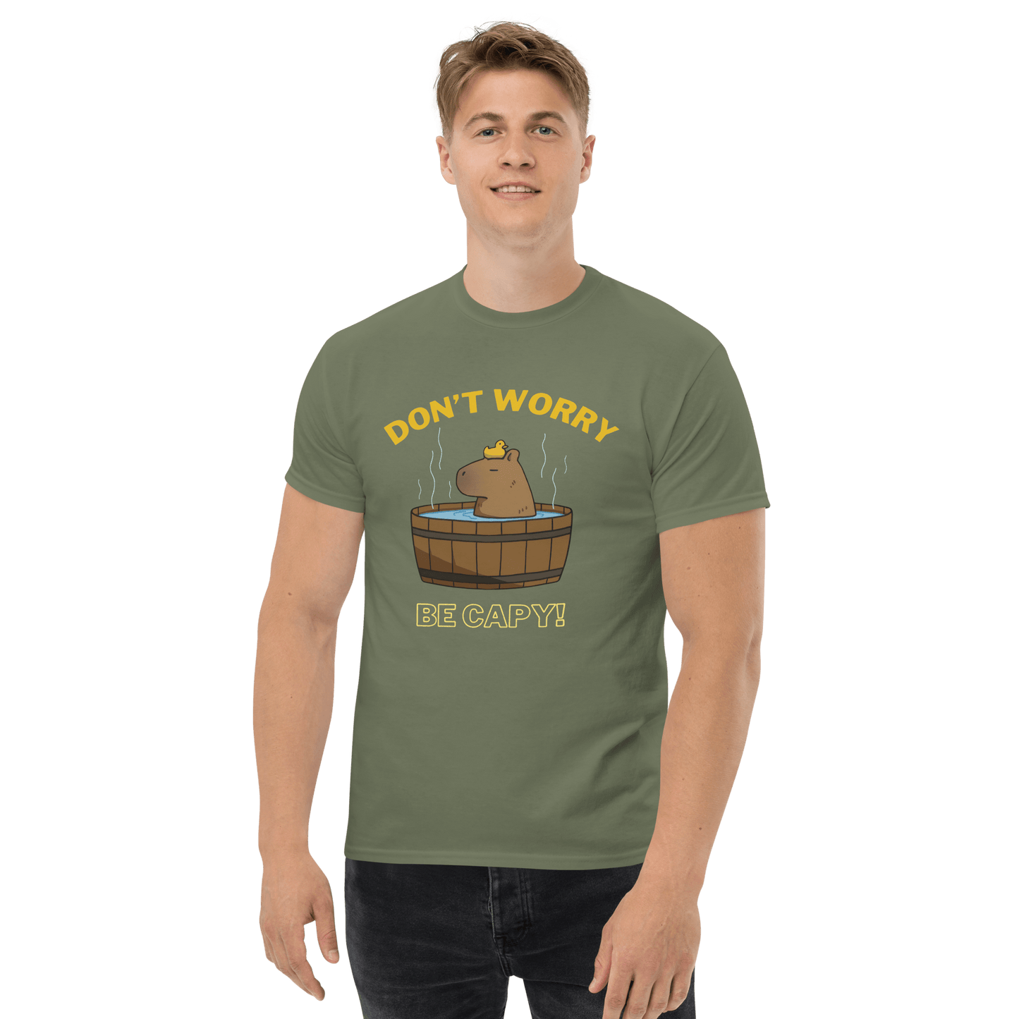 Don't Worry Be Capy Classic T-Shirt Meme - Military Green | Shirtposting