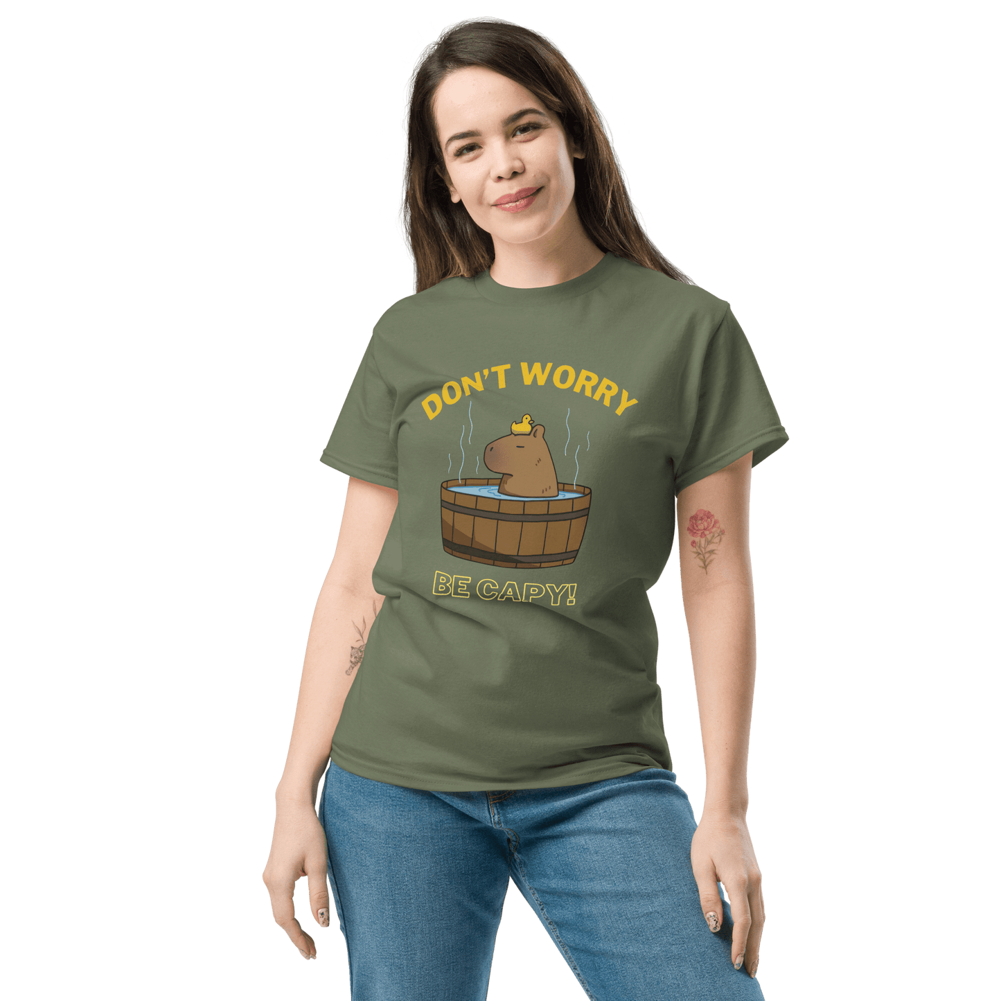 Don't Worry Be Capy Classic T-Shirt Meme - Military Green | Shirtposting