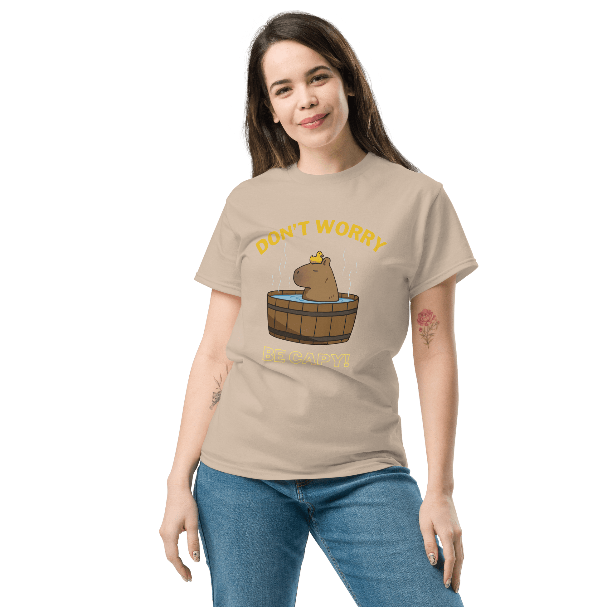 Don't Worry Be Capy Classic T-Shirt Meme - Military Green | Shirtposting