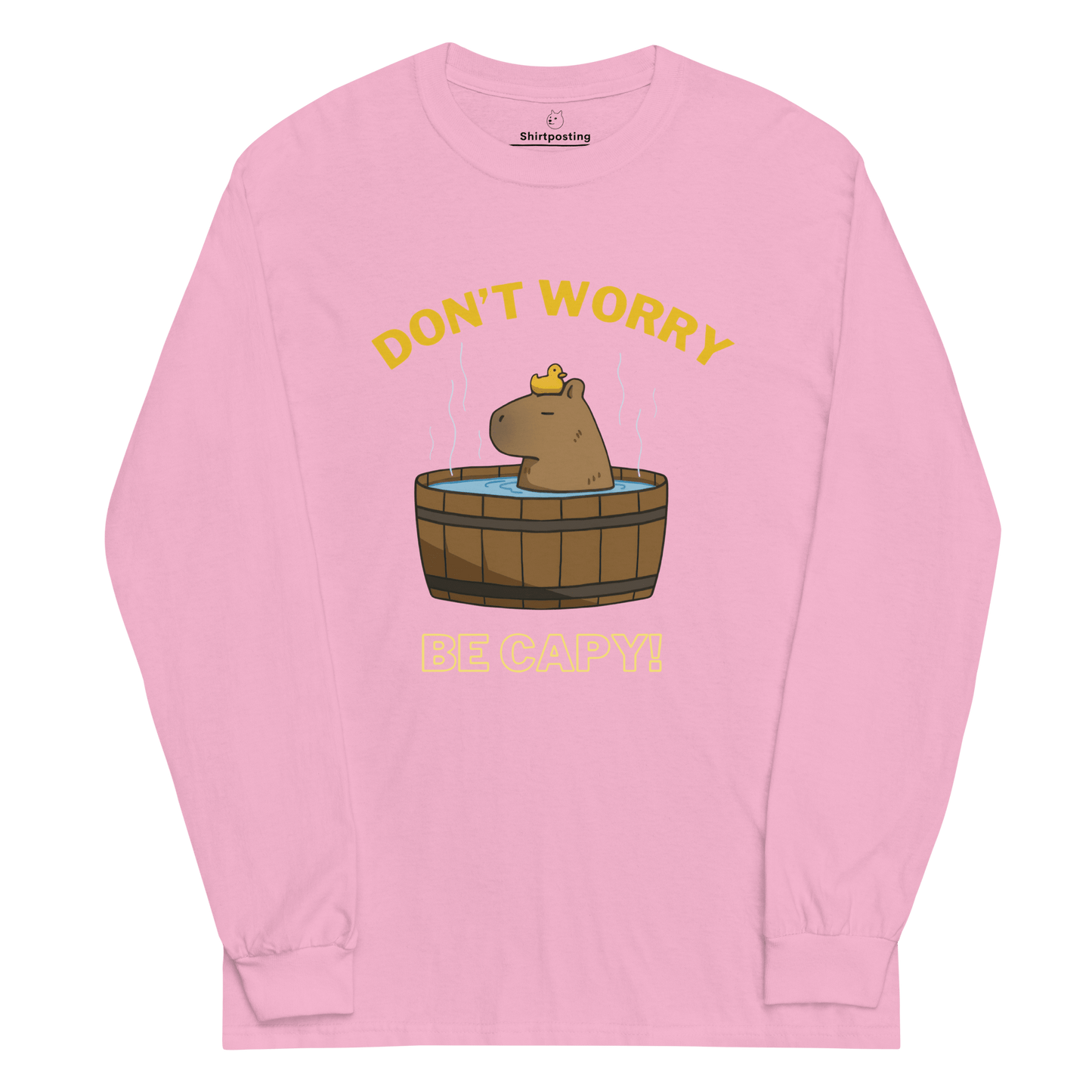 Don't Worry Be Capy Long Sleeve T-Shirt Meme - Light Pink | Shirtposting