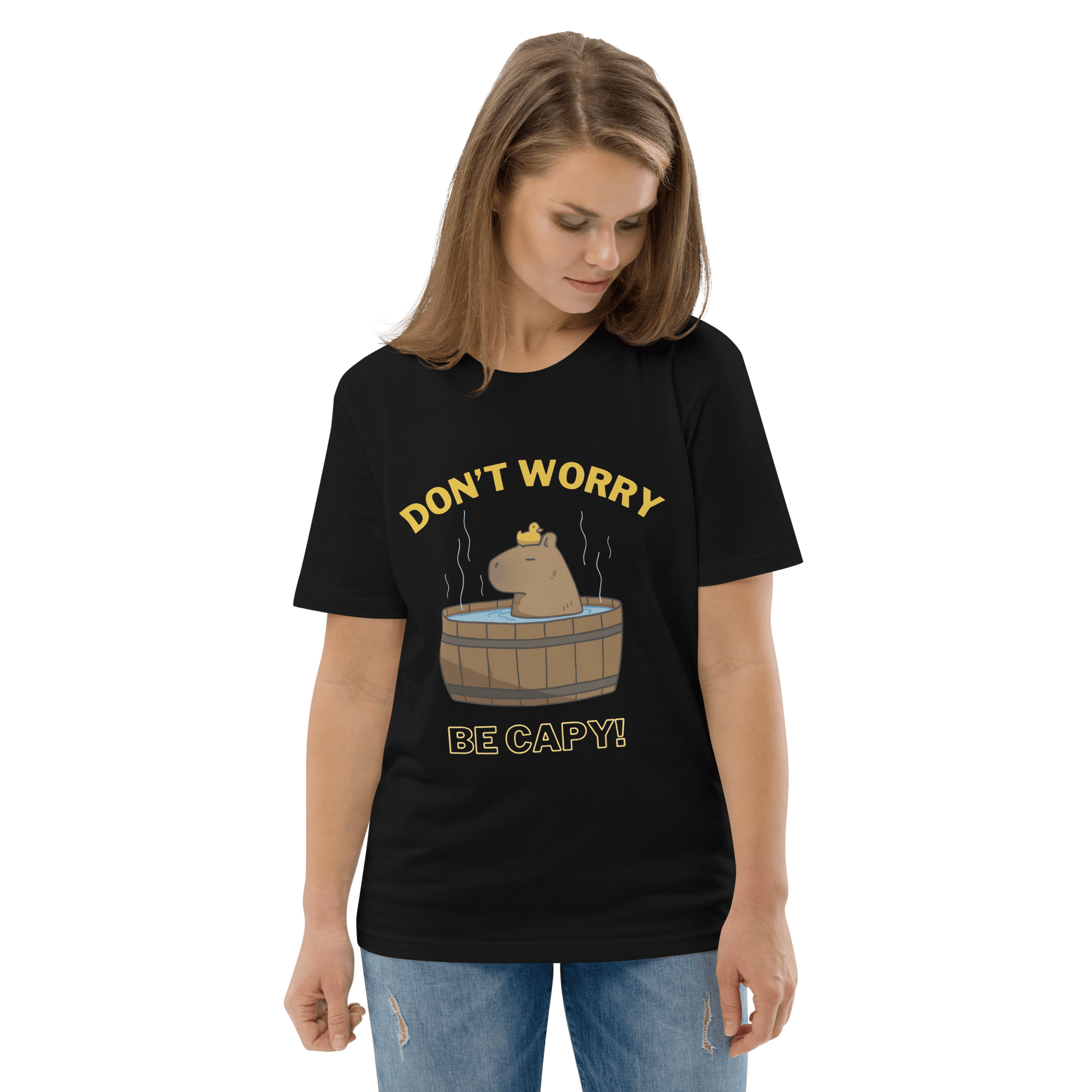 Don't Worry Be Capy Premium Organic T-Shirt Meme - Cotton Pink | Shirtposting