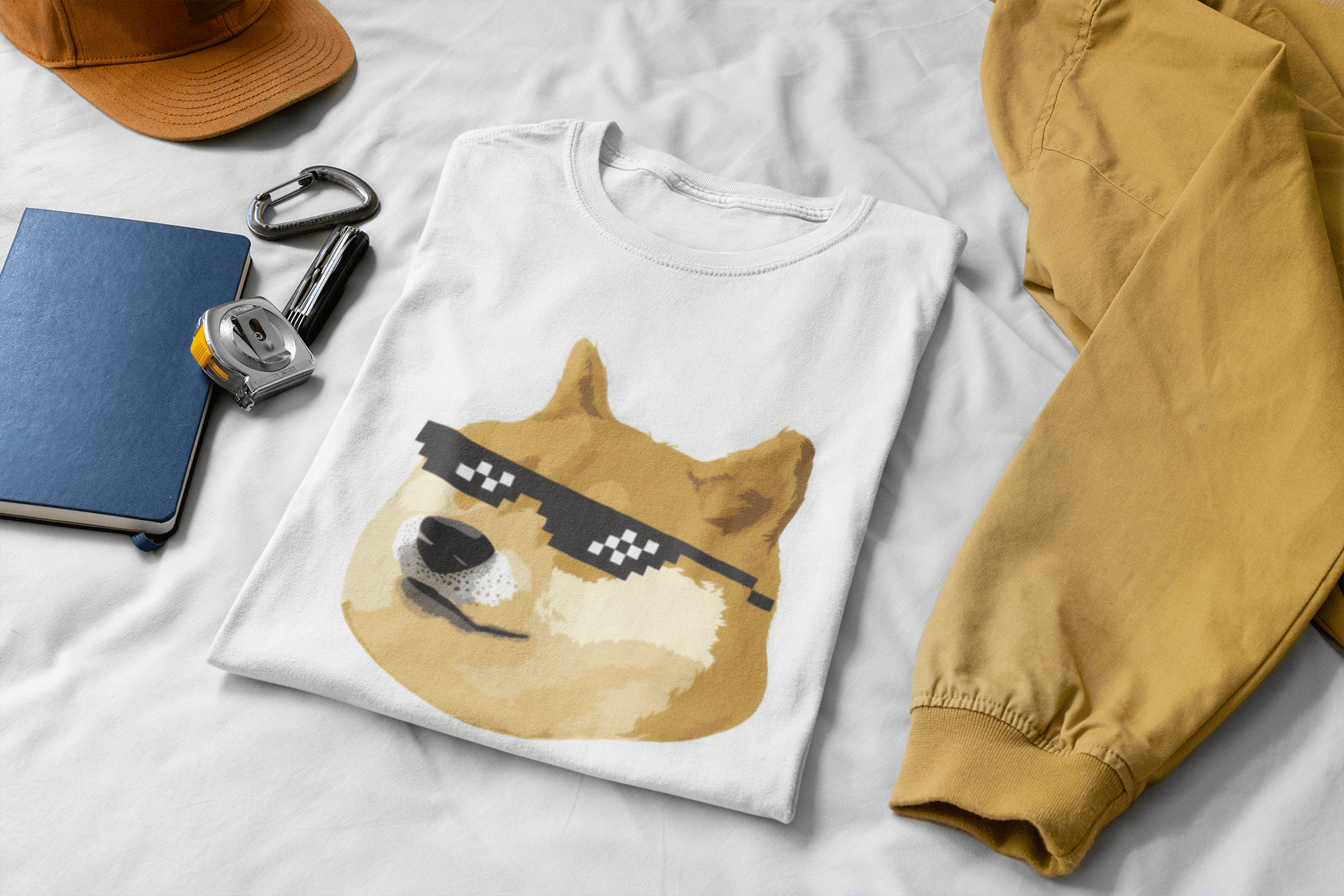 A folded white T-shirt with a printed graphic of a Shiba Inu dog wearing pixelated sunglasses, styled in a flat lay on a white bed with a mustard yellow sweatshirt, a brown cap, a blue notebook, and keys nearby.