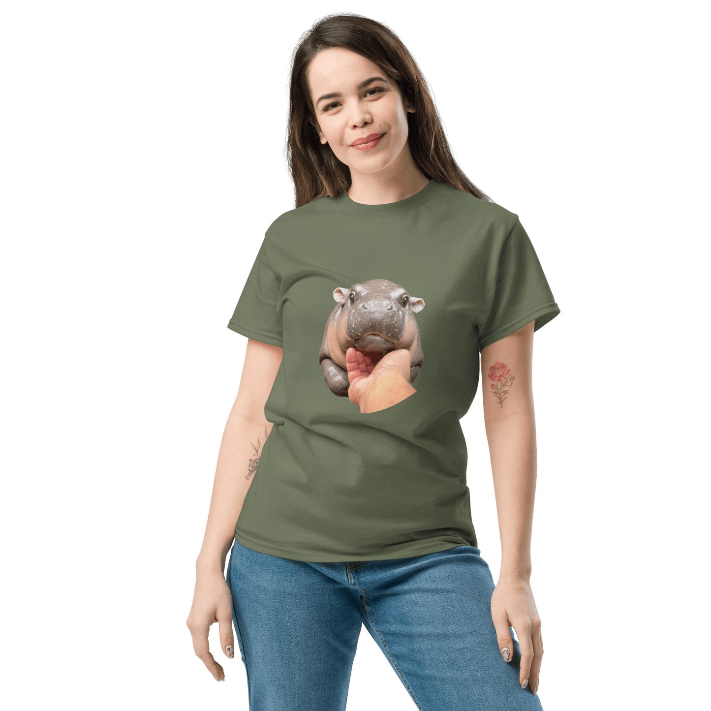 Moo Deng Classic T-Shirt Meme - Military Green | Shirtposting
