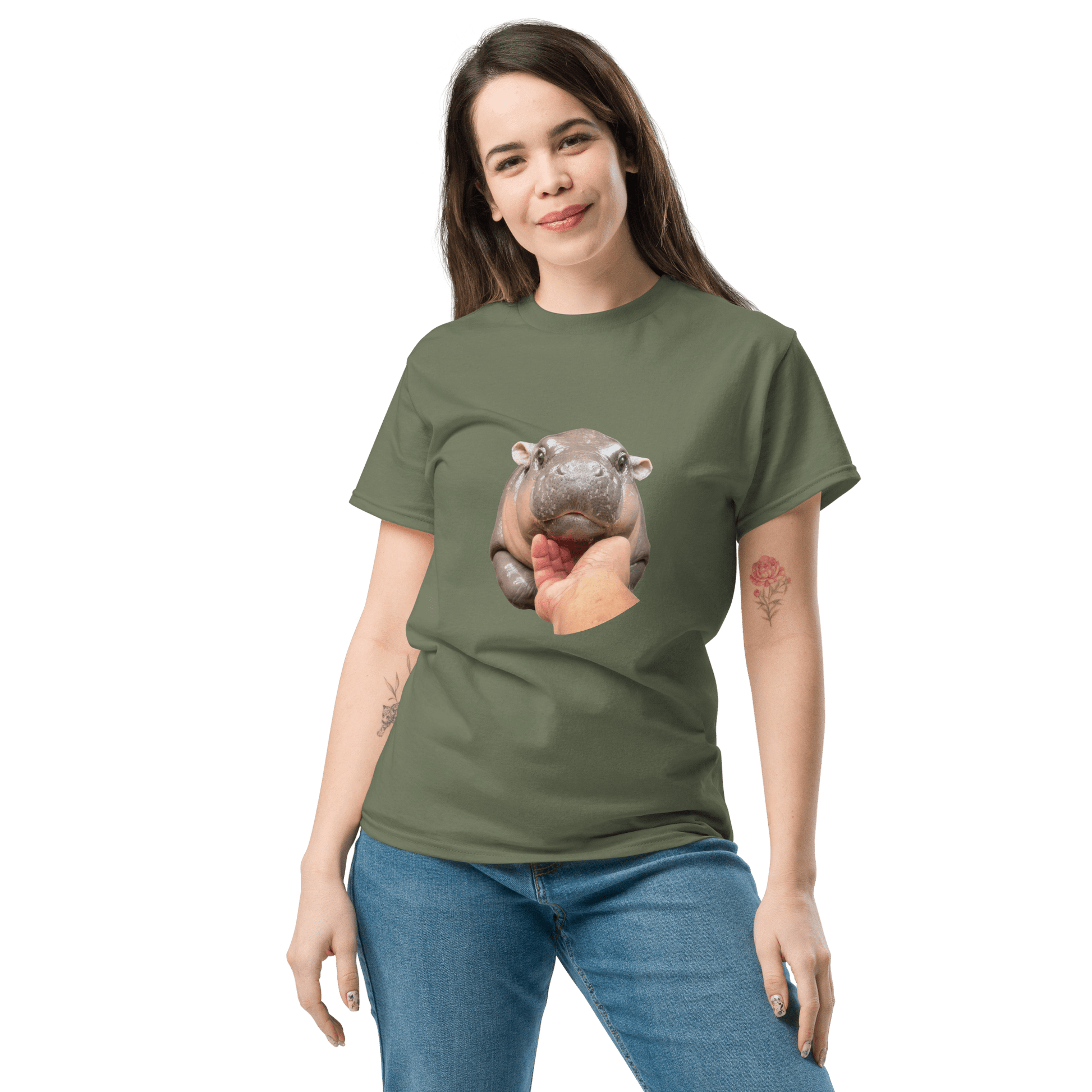 Moo Deng Classic T-Shirt Meme - Military Green | Shirtposting