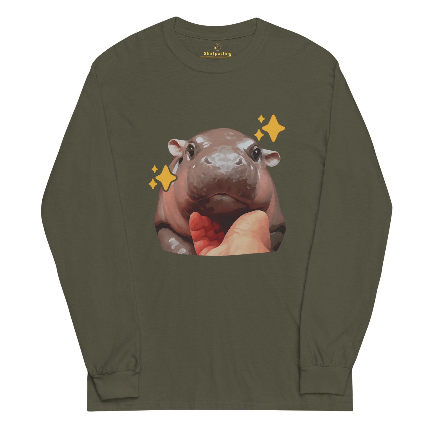 Moo Deng Long Sleeve T-Shirt Meme - Military Green | Shirtposting