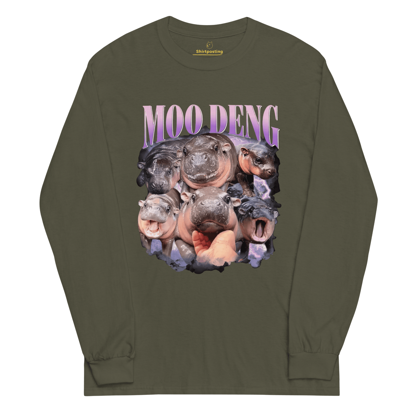 Moo Deng Long Sleeve T-Shirt Meme - Military Green | Shirtposting