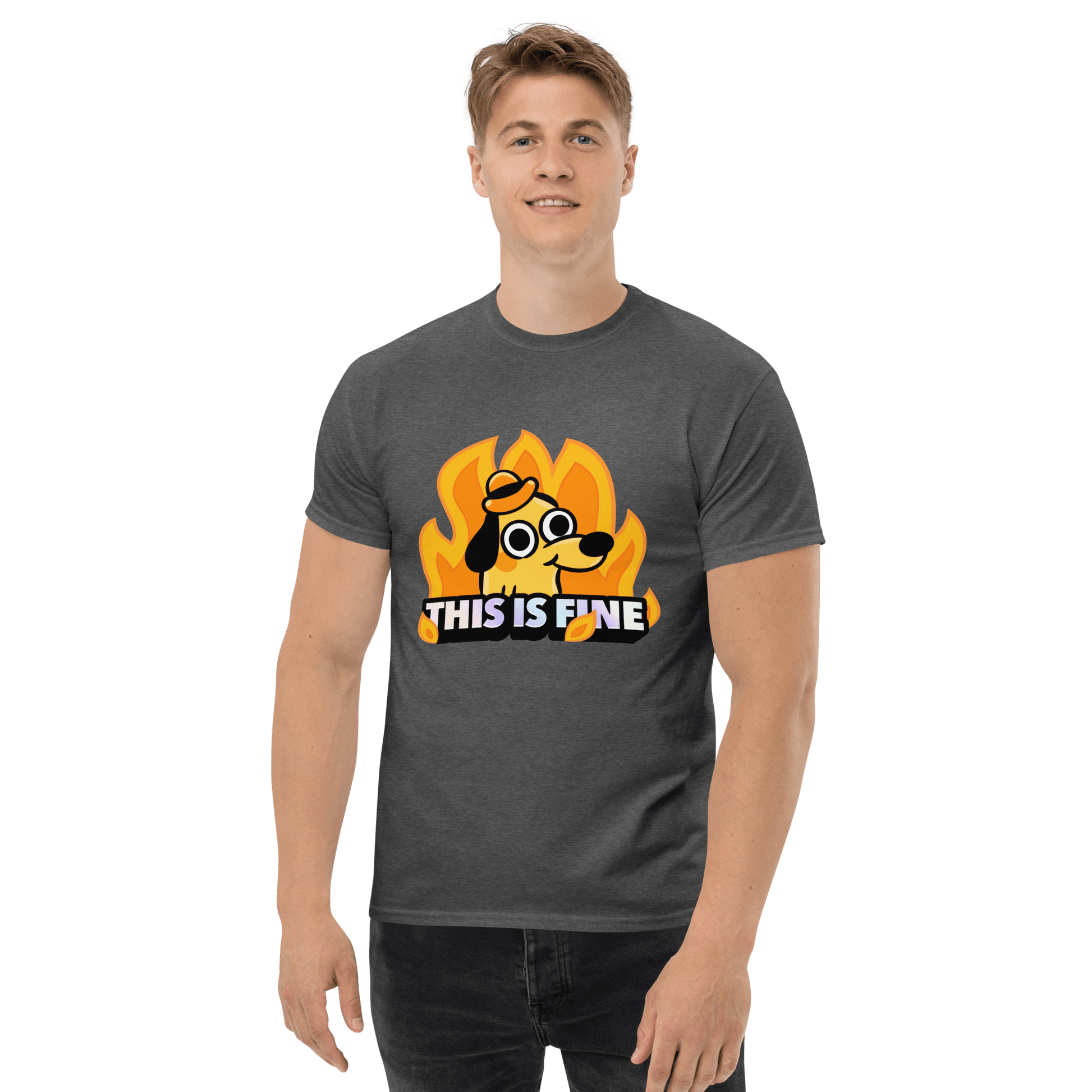 This Is Fine Classic T-Shirt Meme - Dark Heather | Shirtposting