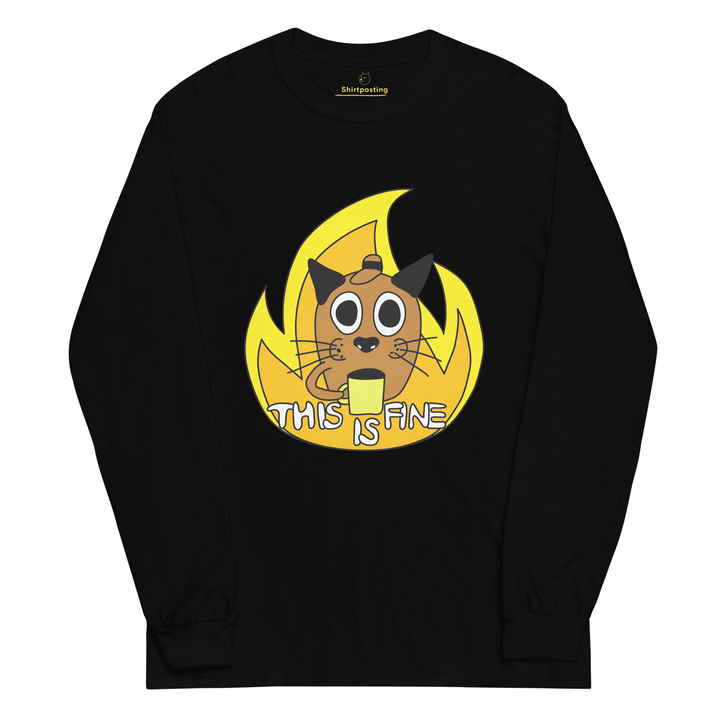 This Is Fine Long Sleeve T-Shirt Meme - Black | Shirtposting