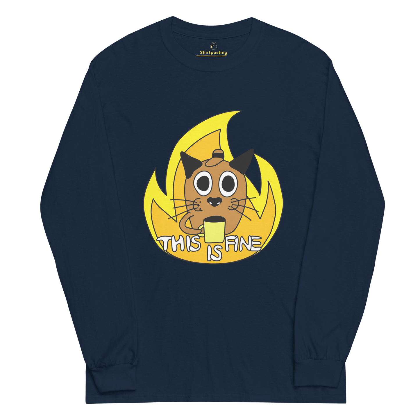 This Is Fine Long Sleeve T-Shirt Meme - Navy | Shirtposting
