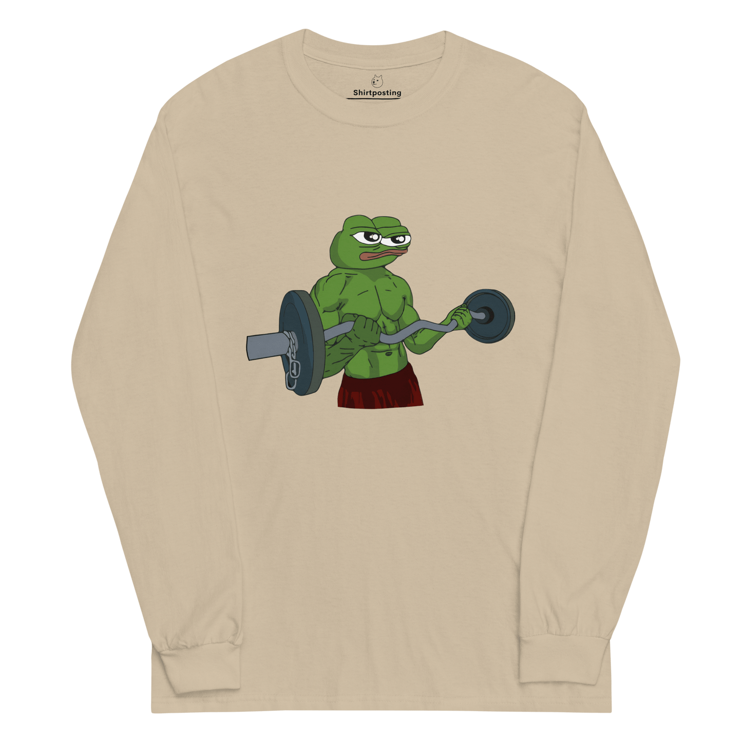 Working Out Pepe Long Sleeve T-Shirt Meme - Sand | Shirtposting